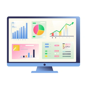 A large computer screen is filled with colorful graphs and charts displaying various data analysis results. There is a blue bar graph on the left side highlighting sales figures over several months. Next to it, a pie chart with vibrant sections shows market share distribution among different companies. On the right side, a line graph traces the growth trend over time, with a green line prominently displaying an upward trajectory. Below the charts, there are tables filled with numerical data and statistics. The background of the screen is a sleek black, making the colorful visuals stand out distinctly.