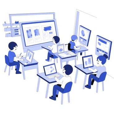 A classroom filled with students actively learning to paint on digital tablets. Each student is seated at desks, focused on their screens, holding styluses in their hands. The classroom is equipped with modern technology, including large monitors displaying digital art tutorials. Various colorful examples of artwork are visible on the tablets, showcasing creative designs and brush strokes. The students display a range of expressions, from concentration to excitement, as they engage with their digital creations. The room includes shelves lined with art supplies and a large window allowing natural light to illuminate the space.