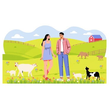 A sunny farm landscape with rolling green hills and a clear blue sky is in the background. Two people stand facing each other in a field filled with colorful flowers. One person, a young woman with long brown hair, is wearing a light blue sundress. The other person, a young man with short black hair, is dressed in a plaid shirt and jeans. They both smile warmly at each other, their body language relaxed and inviting. In the foreground, there are farm animals grazing peacefully, and a wooden fence lines the edge of the field. A barn can be seen in the distance, adding to the charm of the scene.
