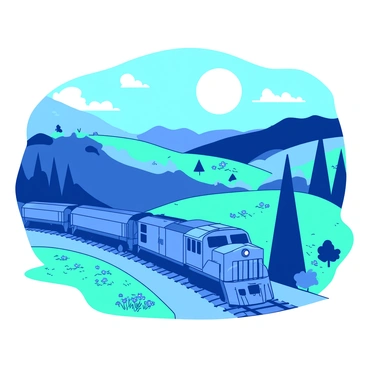 A cargo train glowing under the moonlight as it travels through a quiet countryside