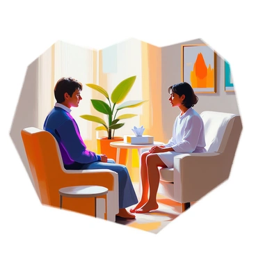 A compassionate NHS counselor with light skin and short brown hair is sitting across from a patient in a comfortable, warmly lit room. The counselor is wearing a navy blue sweater and has a thoughtful expression as they listen attentively. The patient, with medium skin and wavy black hair, appears open and reflective, seated on a plush armchair. The room is decorated with calming artwork and has a small table with a box of tissues nearby. There is a potted plant in the corner, contributing to the inviting atmosphere.