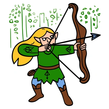 A light-skinned elf with long, flowing blonde hair is skillfully shooting arrows from a beautifully crafted bow. He has a fierce expression on his face, showing intense concentration. He is wearing a green tunic with intricate designs and brown leather boots. The background depicts a forest setting with tall trees and dappled sunlight filtering through the leaves, highlighting his poised stance as he prepares to release another arrow.