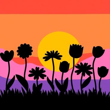 A collection of various flower silhouettes, including daisies, tulips, and roses, positioned in the foreground. The flowers have distinct shapes and sizes, with some tall and slender, while others are short and bushy. Behind them is a vibrant sunset backdrop featuring hues of orange, pink, and purple blending seamlessly together. The sun is partially visible, adding a glow to the scene, while the flowers appear dark against the bright colors of the sky.