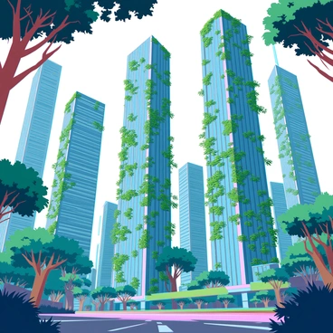 A sprawling cityscape dominated by towering skyscrapers that are extensively covered in lush green vines and foliage. Trees sprout from the rooftops, their thick trunks and vibrant leaves contrasting against the glass and steel structures. The streets below are partially obscured by wild vegetation, with plants bursting through cracks in the pavement. The skyline is a mix of modern architecture intertwined with elements of nature, showcasing a unique balance between urban life and the encroaching wilderness. Sunlight filters through the canopy of leaves, creating dappled shadows on the buildings and streets.