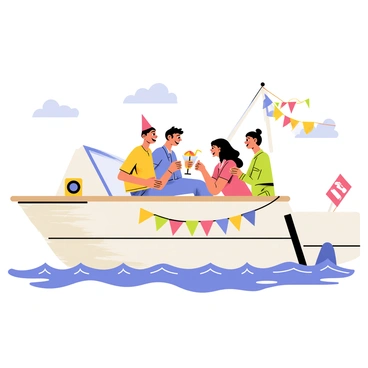 A group of four friends is enjoying a lively party on the deck of a white yacht. The yacht has a polished wooden deck and is gently swaying on clear blue water. The friends are laughing and dancing, with one friend wearing a bright red party hat, while another is holding a colorful drink with a tiny umbrella. A vibrant banner that says "Party Time!" is strung across the back of the yacht. In the background, there are soft waves and a clear sky with a few fluffy clouds. A small music speaker is placed on the deck, adding to the festive atmosphere.