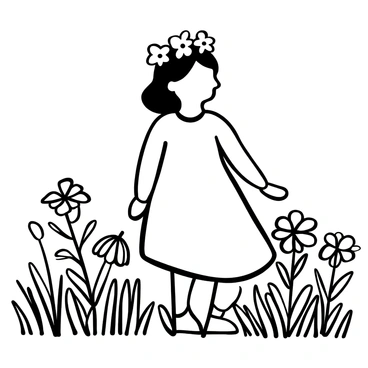 A young girl wearing a crown made of "bluebonnet flowers" stands in a "field" filled with wildflowers. She is wearing a "simple dress" that flows in the gentle breeze. The "bluebonnet flowers" in her crown are intricately arranged, showcasing their unique shapes. Surrounding her are clusters of various wildflowers, creating a vibrant landscape. The sun casts shadows across the "field," enhancing the "textures" of the grass and flowers.