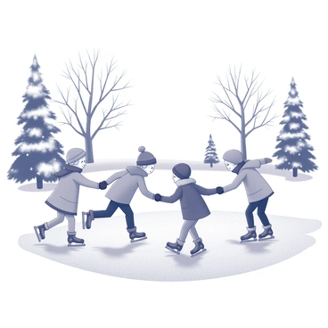 A group of children ice skating on a frozen pond. They are wearing winter attire, including hats, gloves, and scarves, as they glide across the smooth ice surface. Snow-covered trees frame the pond, their branches heavy with snow. Twinkling lights are strung along the nearby trees, adding a festive atmosphere to the scene. Some children are holding hands, while others are practicing their skating skills, laughing and playing together. The ground is blanketed with fresh snow, and a few snowflakes can be seen gently falling from the sky.