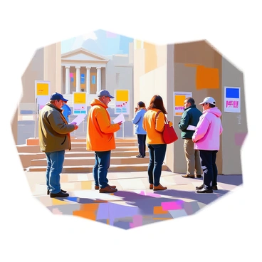 Voters are standing in line outside the Parliament building, each person focused on casting their ballots. The scene captures a diverse group including men and women of various ages and ethnic backgrounds, some holding their identification documents. The Parliament building looms in the background, characterized by its grand architecture and large steps leading up to the entrance. Sunlight casts shadows across the scene, emphasizing the determination on the faces of the voters. A few voters are engaged in conversation, discussing the importance of civic engagement. Brightly colored campaign posters are visible on nearby walls, adding to the vibrant atmosphere of election day.
