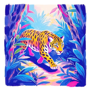A jaguar with a sleek, muscular body is stealthily moving through dense jungle foliage. Its coat is a rich gold with bold black rosettes, blending seamlessly with the surrounding greenery. The jaguar's intense eyes, a striking shade of yellow, are fixed on its target, showcasing its focus and determination. Thick vines and large leaves surround the jaguar, creating a lush environment. Sunlight filters through the canopy above, casting dappled shadows on the forest floor, highlighting the jaguar's graceful movements.