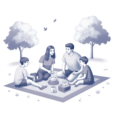 A family of four is sitting on a picnic blanket in the center of the image. The adults are smiling, while the children are playing nearby. The blanket is filled with various food items, such as sandwiches, fruits, and drinks. There are trees in the background, providing shade and enhancing the natural setting. A few birds can be seen in the sky above, and there are scattered flowers on the ground around them. The scene captures a cheerful atmosphere of outdoor enjoyment.