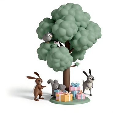 A group of animals in a lush green forest, gathered around a small pile of brightly wrapped presents nestled under a large oak tree. The animals include a curious brown rabbit with long ears standing on its hind legs, a fluffy gray squirrel peering over the top of a box, and a wise old owl perched on a low branch of the tree, observing the scene. The presents are decorated with colorful ribbons and shiny bows, while the sunlight filters through the leaves, casting dappled shadows on the forest floor. The animals exhibit a mix of excitement and curiosity as they investigate the gifts.