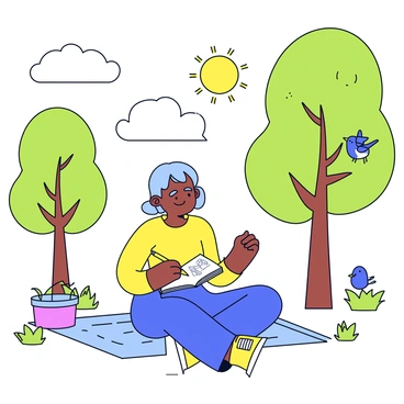 An illustration of a person with a calm expression, sitting cross-legged on a picnic blanket in a sunlit park. The individual is sketching in a notebook with a pencil, focused on drawing various trees and wildlife. Surrounding them are tall, leafy trees with bright green foliage and a few birds perched among the branches. A gentle breeze rustles the leaves, and the sun casts dappled light across the scene. The person is wearing comfortable, casual clothing, and their notebook is filled with detailed sketches of nature.