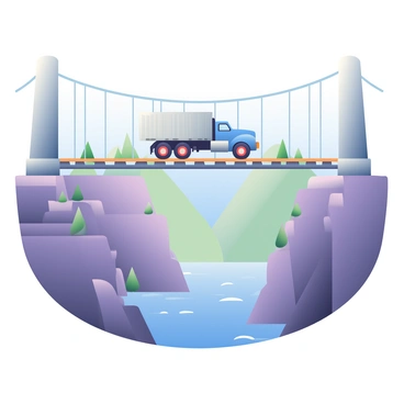 A large blue truck is driving across a suspension bridge that spans a deep canyon. The truck has a silver trailer attached to it, and its wheels are positioned firmly on the bridge's wooden planks. Below, the canyon reveals steep rocky walls and a flowing river at the bottom, reflecting the clear blue sky. The suspension cables of the bridge are taut, connecting the bridge to the towering concrete pillars on either side. In the background, a few scattered green trees dot the canyon edges, adding a touch of nature to the dramatic scene.