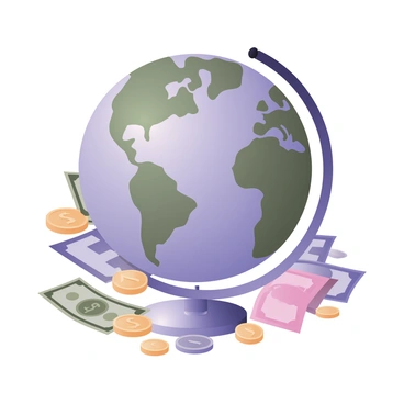 A digital flat illustration featuring a large globe prominently centered in the image. The globe shows detailed continents in blue and green, with latitude and longitude lines. Surrounding the globe are various currency notes in vibrant colors, including a U.S. dollar bill in green, a Euro note in blue, and a Japanese yen note in pink. Scattered around these notes are shiny coins of different denominations, including gold, silver, and copper, glinting in the light. The composition gives a sense of global finance and interconnected economies.