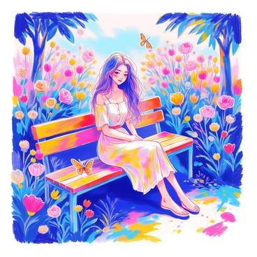A woman is seated on a wooden bench in a blooming garden. She has long, flowing hair and is wearing a light floral dress. The garden is filled with an array of colorful flowers, including roses, tulips, and daisies, creating a vibrant scene. Lush green foliage surrounds the bench, and a butterfly is fluttering nearby. The sunlight filters through the leaves, casting dappled shadows on the ground.