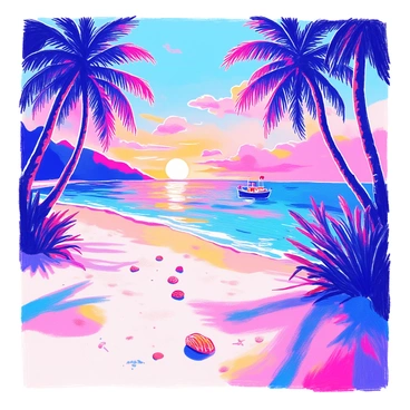 A tropical beach scene features soft white sand stretching along the shore. Waves gently lap at the edge of the water, which reflects a gradient sunset transitioning from "pink" to "purple." Silhouetted palm trees frame the scene, their fronds swaying slightly in the warm breeze. A few seashells are scattered on the sand, and the sky is dotted with wispy clouds catching the colors of the sunset. In the distance, a small boat can be seen bobbing on the water.