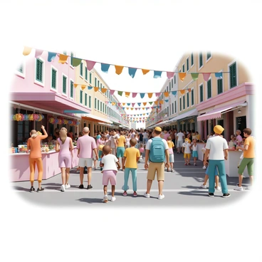 A vibrant street festival scene set in Montpellier, with lively crowds enjoying the festivities. Colorful decorations are strung between buildings, including bright banners and festive lights. Stalls line the street, each adorned with colorful displays of food and handmade goods. People of all ages are seen chatting, laughing, and enjoying various activities. A musician is playing a guitar nearby, while a group of children play with balloons. The atmosphere is filled with excitement and joy, with people dressed in bright clothing celebrating together.