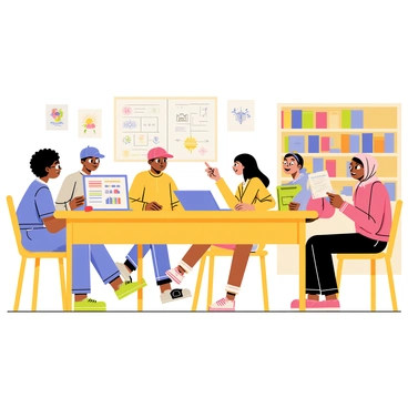 A group of students from diverse backgrounds is gathered around a large wooden table in a bright classroom. One student with curly hair and glasses is pointing at a colorful chart on a laptop. A girl with straight black hair is taking notes in a spiral notebook. A boy with a baseball cap is raising his hand with a smile. Another student wearing a hijab is sharing her ideas with enthusiasm. The walls are decorated with posters of different cultures and ideas, and a bookshelf filled with colorful books is in the background.