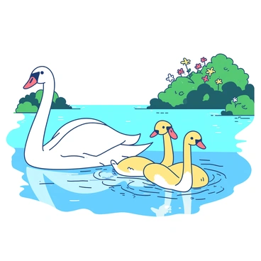 A white family of swans, consisting of two adult swans and three fluffy yellow cygnets, is gracefully swimming on a sunlit lake. The lake's surface reflects the bright sunlight, creating a shimmering effect. The adult swans are positioned in a protective formation, with the cygnets trailing closely behind. The background features lush green banks dotted with colorful flowers, enhancing the tranquil scene. The water ripples gently around their bodies as they glide smoothly through the lake.