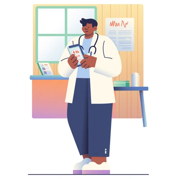 A medical professional with dark skin and black hair is standing in a rural clinic while using a handheld diagnostic device. They are wearing a white lab coat over a light blue shirt and dark trousers. The clinic has wooden walls and a window with light filtering through, illuminating the space. There is a small desk in the background with a few medical charts and a stethoscope placed on it. On the wall, there is a poster with health guidelines. The medical professional is focused on the device in their hands, displaying a screen with various readings.