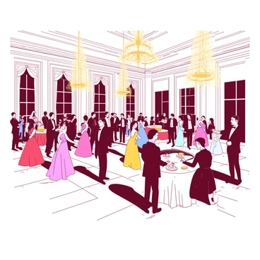 A grand ballroom features a high ceiling adorned with sparkling chandeliers casting a soft glow throughout the space. The floor is made of polished white marble, reflecting the warm light. Around the room, elegantly dressed people are mingling and dancing, their attire showcasing a variety of colors. Some women wear flowing gowns embellished with intricate designs, while men sport stylish tuxedos with bow ties. In one corner, a string quartet is playing, with musicians in formal black attire. Tables are set with white tablecloths and golden centerpieces, adding to the festive atmosphere of the midnight gala.
