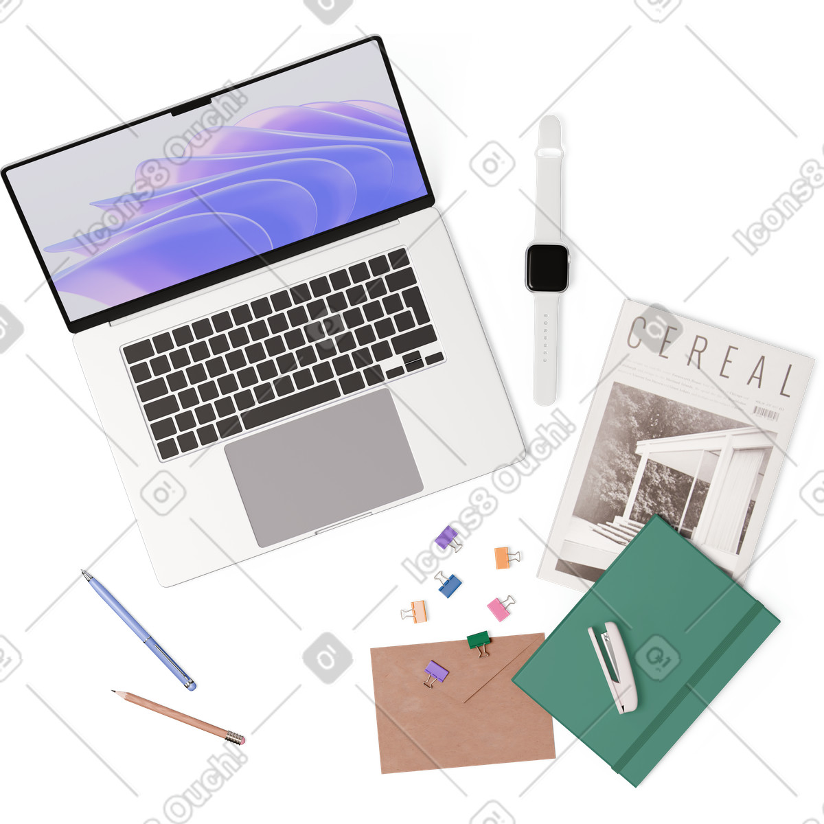 Vista dall'alto di laptop, rivista, taccuino, busta, cucitrice, penna e matita illustrazione in stile 3D Hygge scarica in PNG, SVG