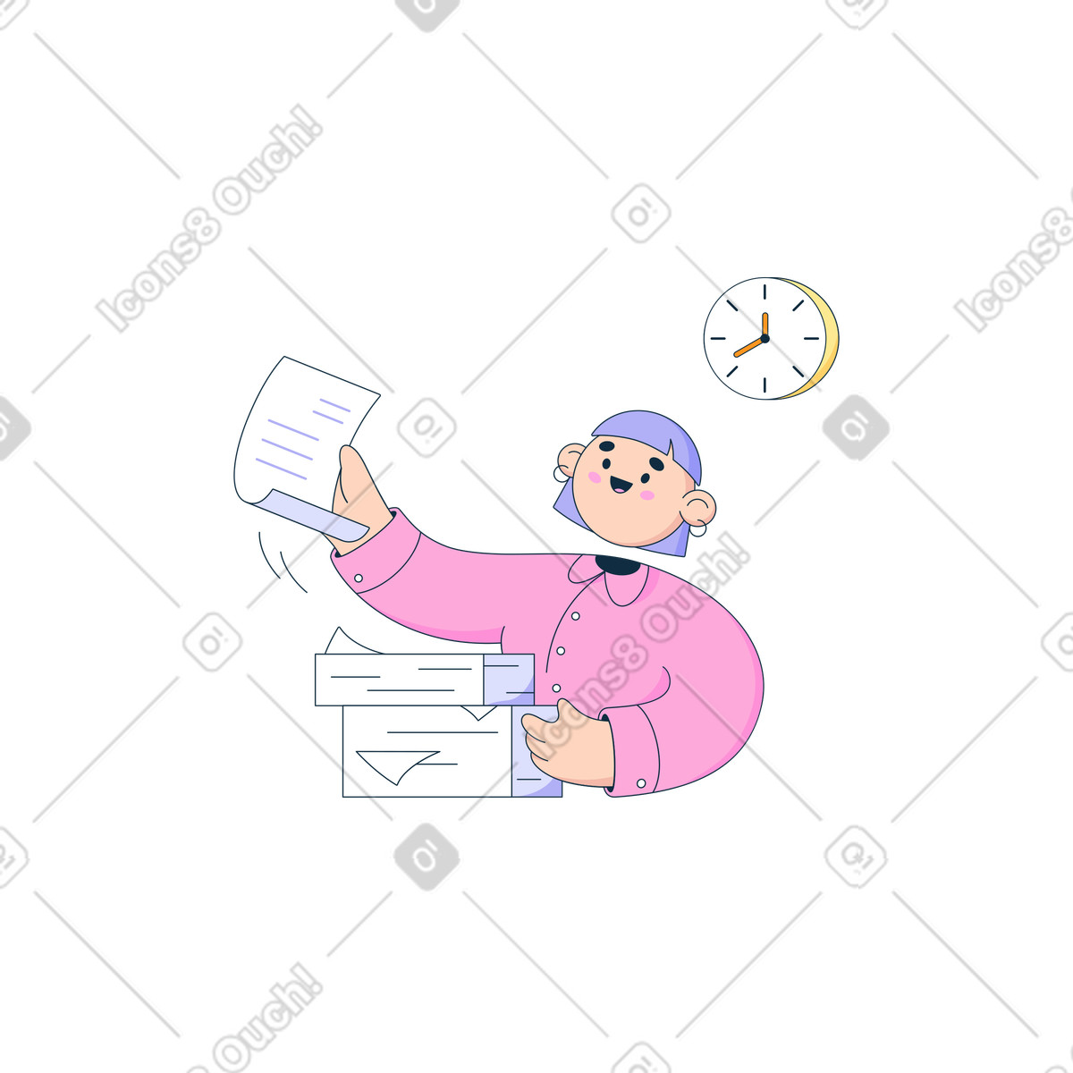 Employee reviewing documents at workspace, office organization and administrative task-Illustration im Bubble gum-Stil als Download in PNG, SVG