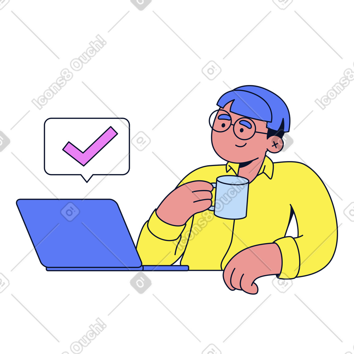 Office worker relaxing after finishing task on laptop, productivity and work break illustration in Flexy style download in PNG, SVG