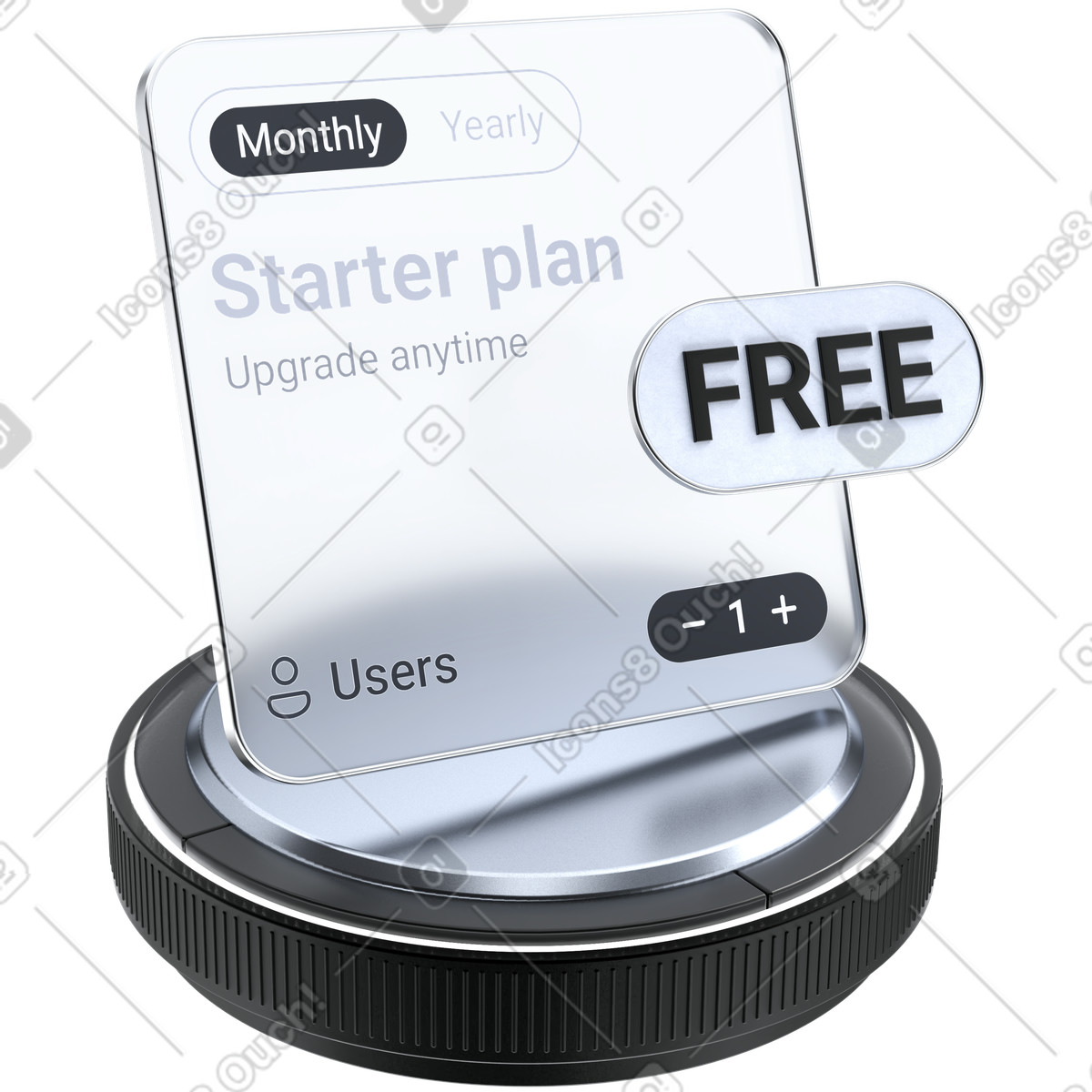 Ilustração de Subscription pricing card showing free starter plan with adjustable users em no estilo 3D Pro para baixar em PNG, SVG