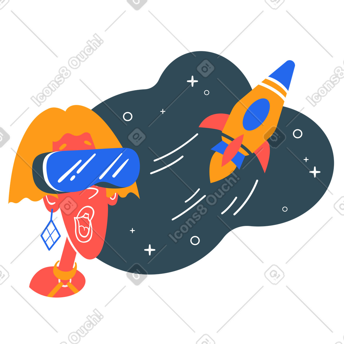 Kingdom スタイルの 仮想現実で宇宙を眺める女性 のイラストをPNG、SVG形式でダウンロード