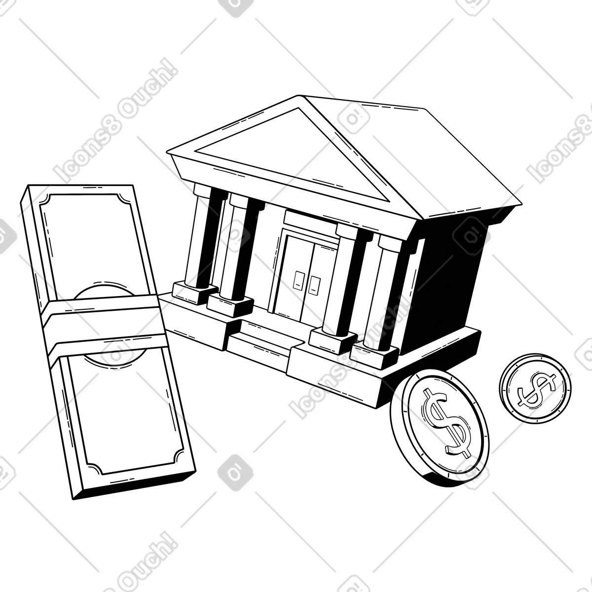 Bank building illustration featuring physical cash, a finance clipart image in PNG SVG GIF