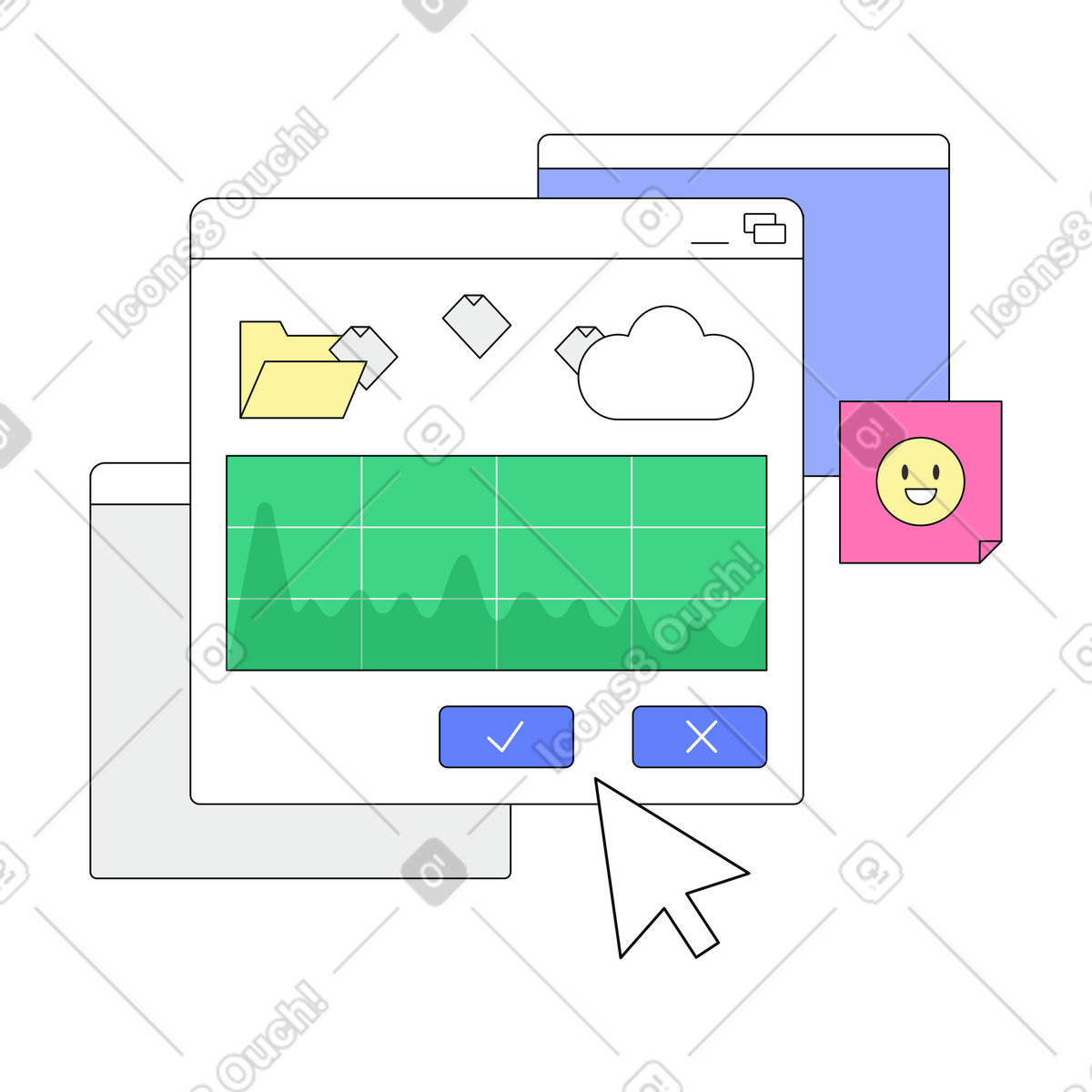File manager window with cloud and folder icons, Digital organization and storage system illustration in Teko style download in PNG, SVG