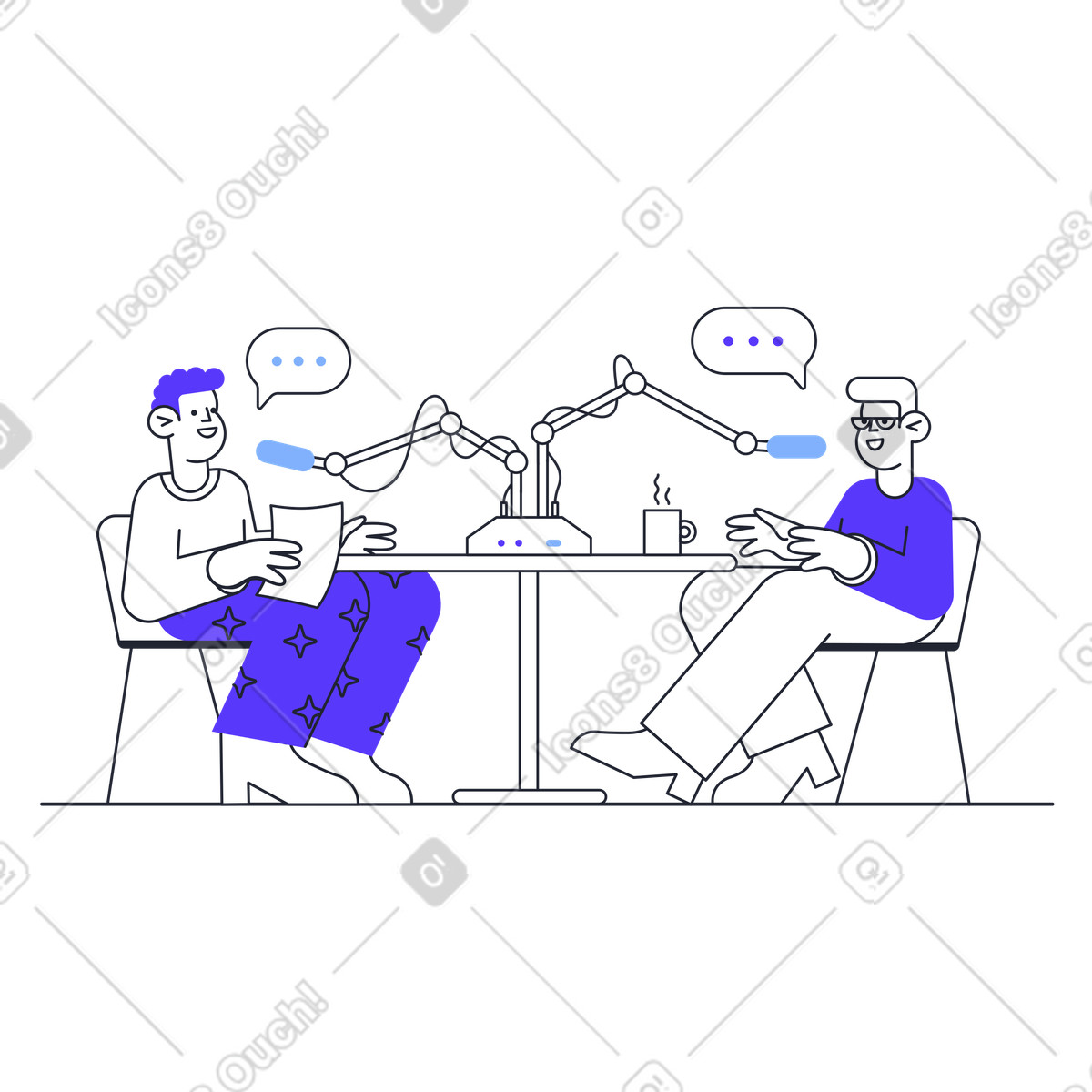 Podcast session with co-hosts at desk, Online interview or broadcasting illustration in Pablita style download in PNG, SVG