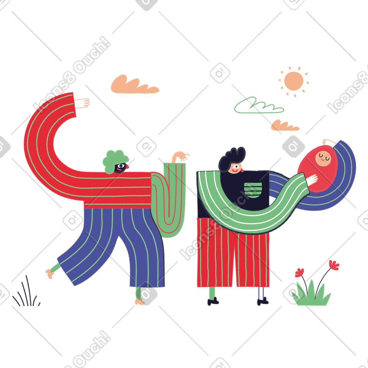 Stripy 스타일의 아기를 데리고 밖으로 나가는 두 사람 일러스트레이션 PNG, SVG 다운로드