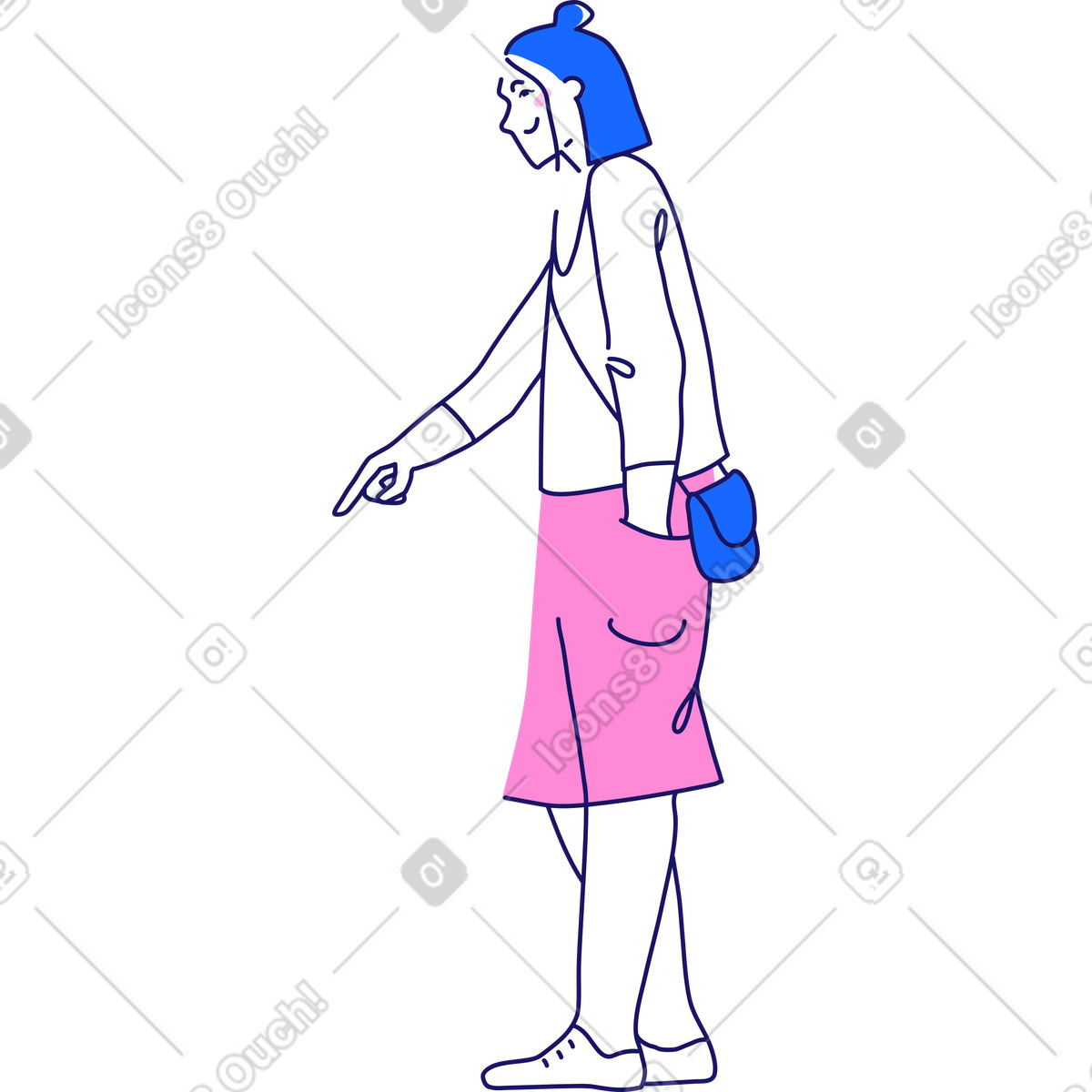 Donna con borsa che punta a qualcosa illustrazione in stile Matey scarica in PNG, SVG