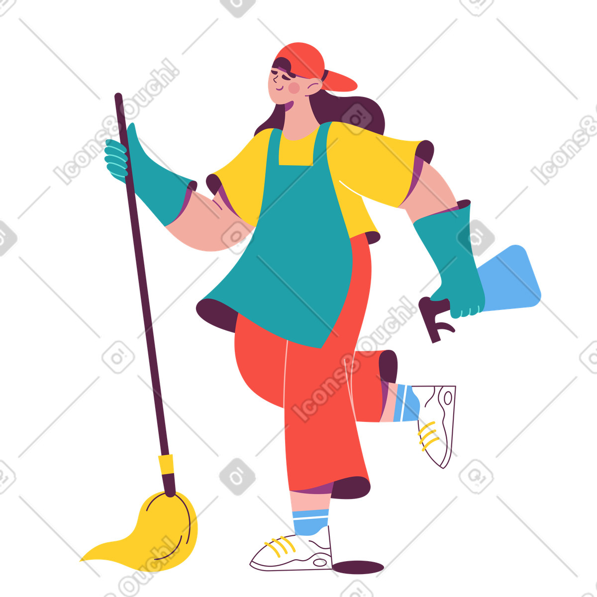 Ilustração de Mulher com uma vassoura avental e luvas faz a limpeza em no estilo Sammy para baixar em PNG, SVG
