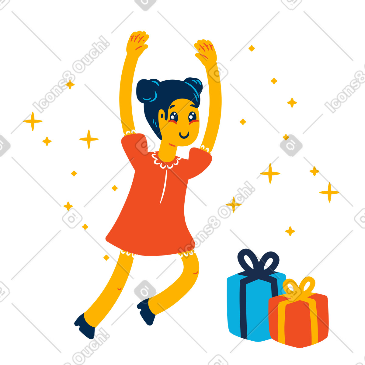Illustration Fille reçoit des cadeaux dans le style Flame à télécharger aux formats PNG, SVG