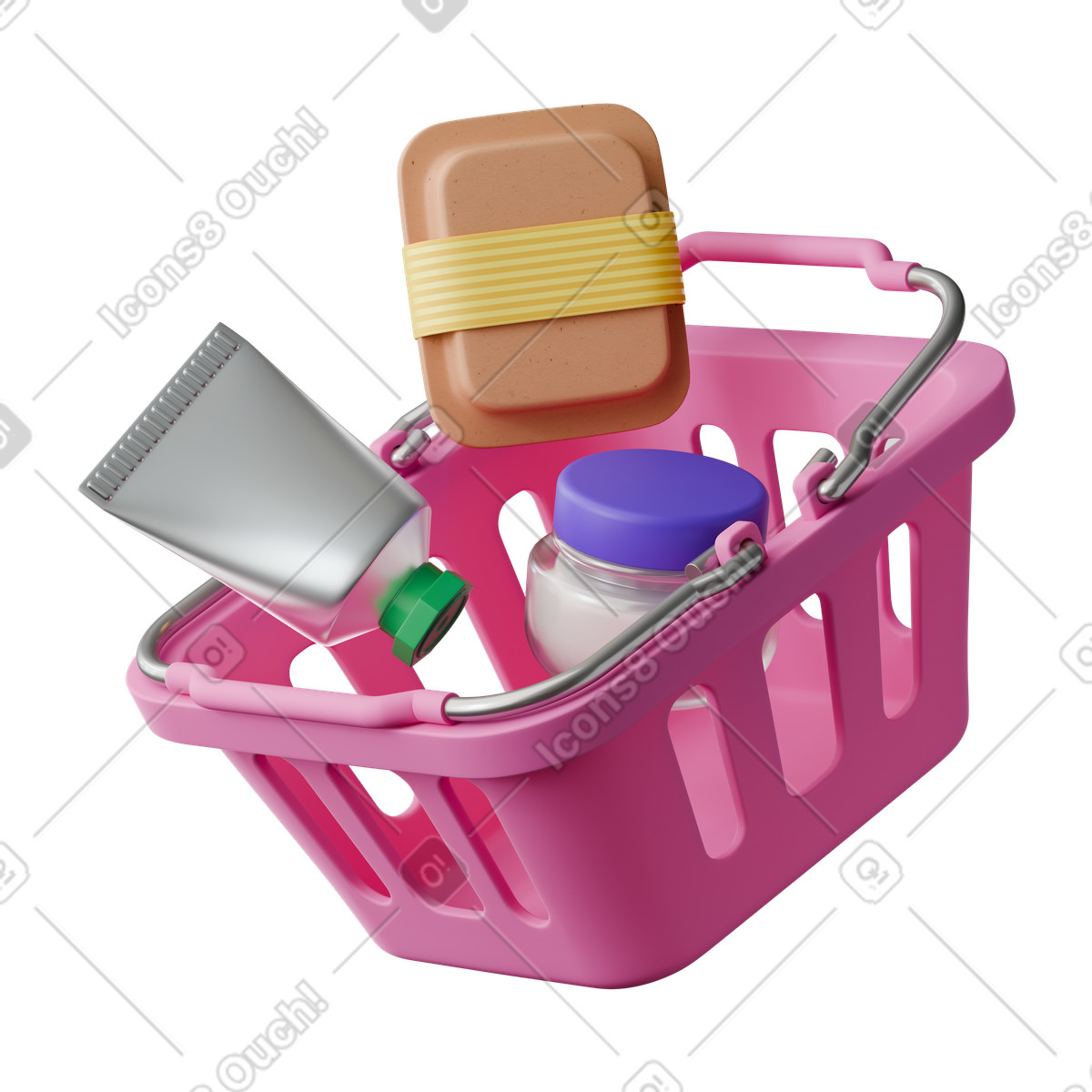Pink basket with products illustration in 3D Stickle style download in PNG, SVG