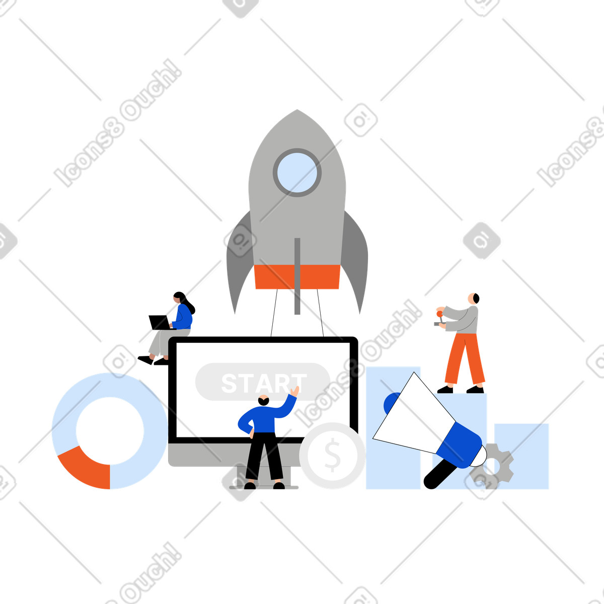 Group of young people launching a startup illustration in Tiny style download in PNG, SVG