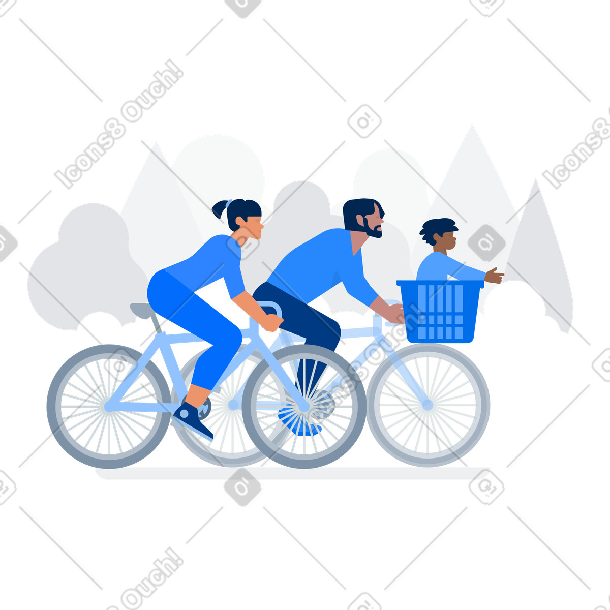 Urban スタイルの Family of three on bike ride, Healthy lifestyle and outdoor recreation のイラストをPNG、SVG形式でダウンロード