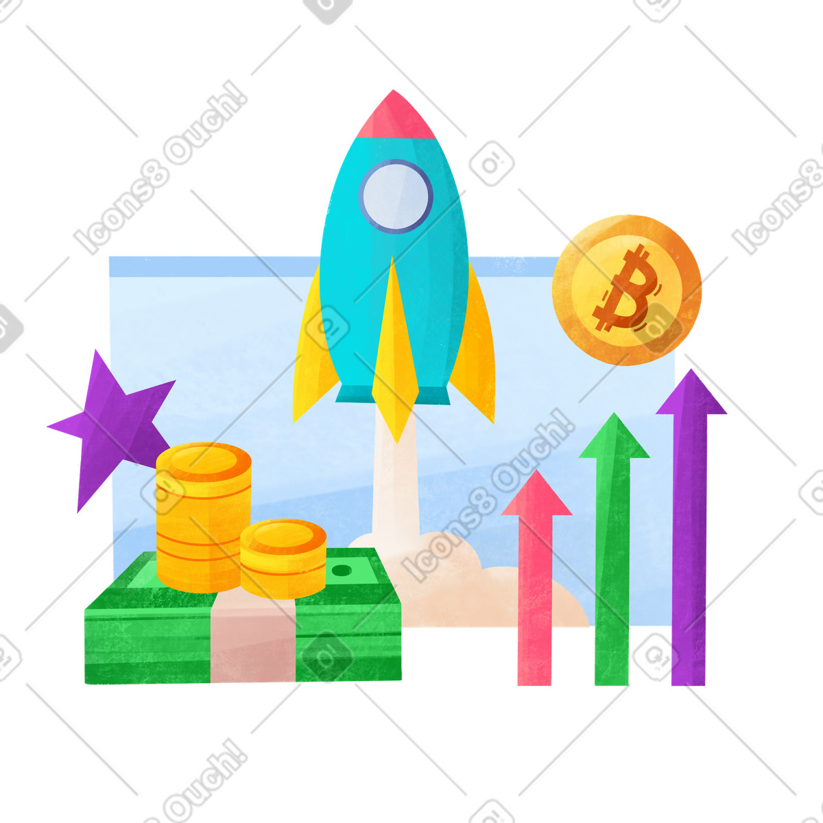 Rocket launch illustration depicting bitcoin and cash clipart for financial growth projects