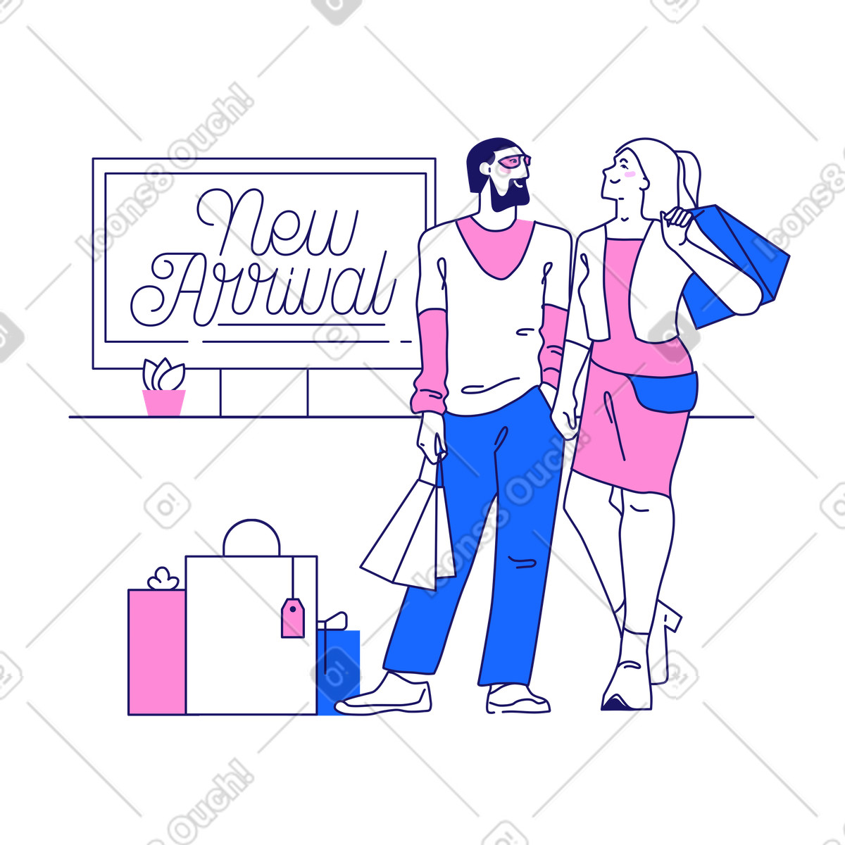 Ilustración Lettering new arrival con personas que compran en línea estilo Matey a descargar PNG y SVG