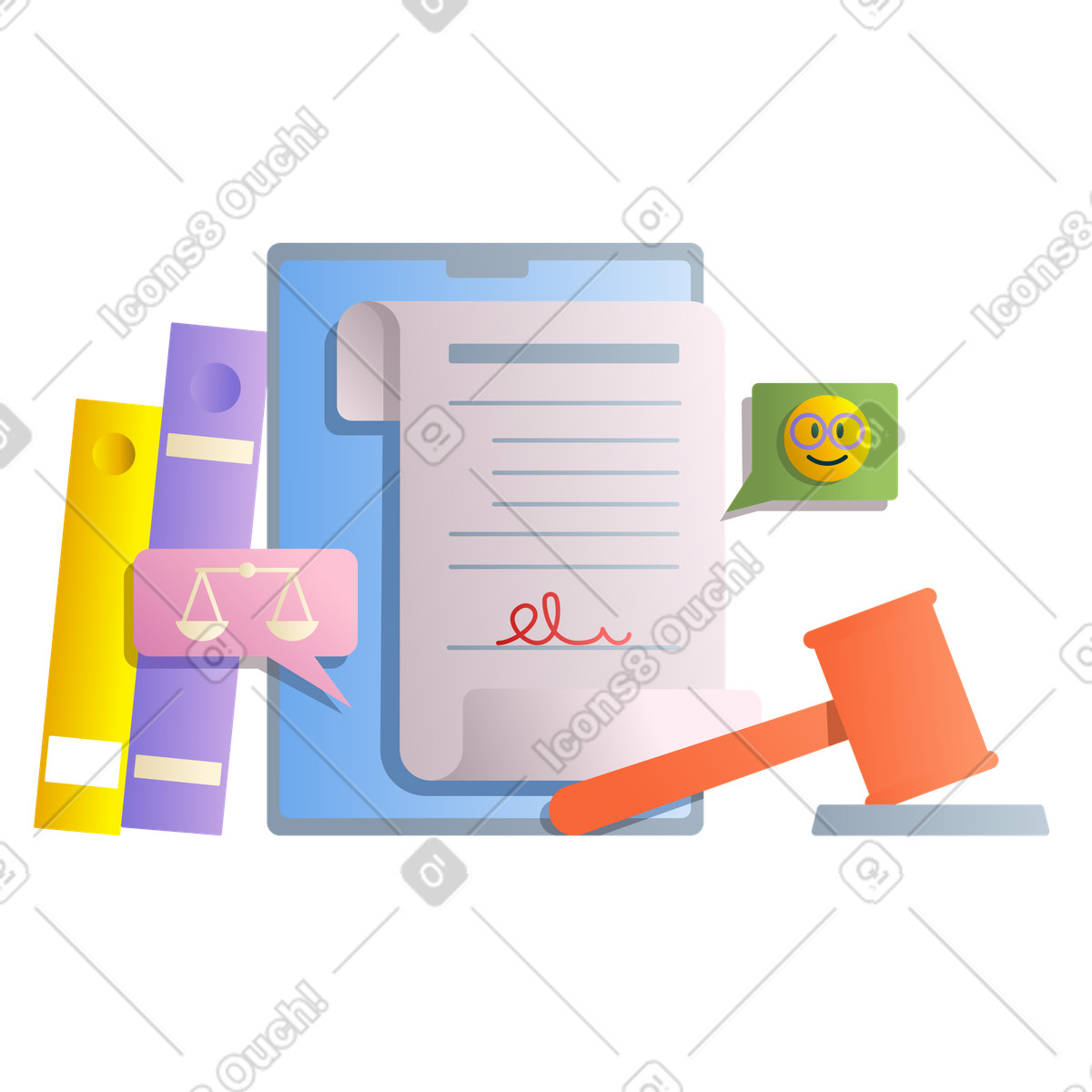Ilustração de Estudos direito com contrato e martelo em no estilo Silky para baixar em PNG, SVG