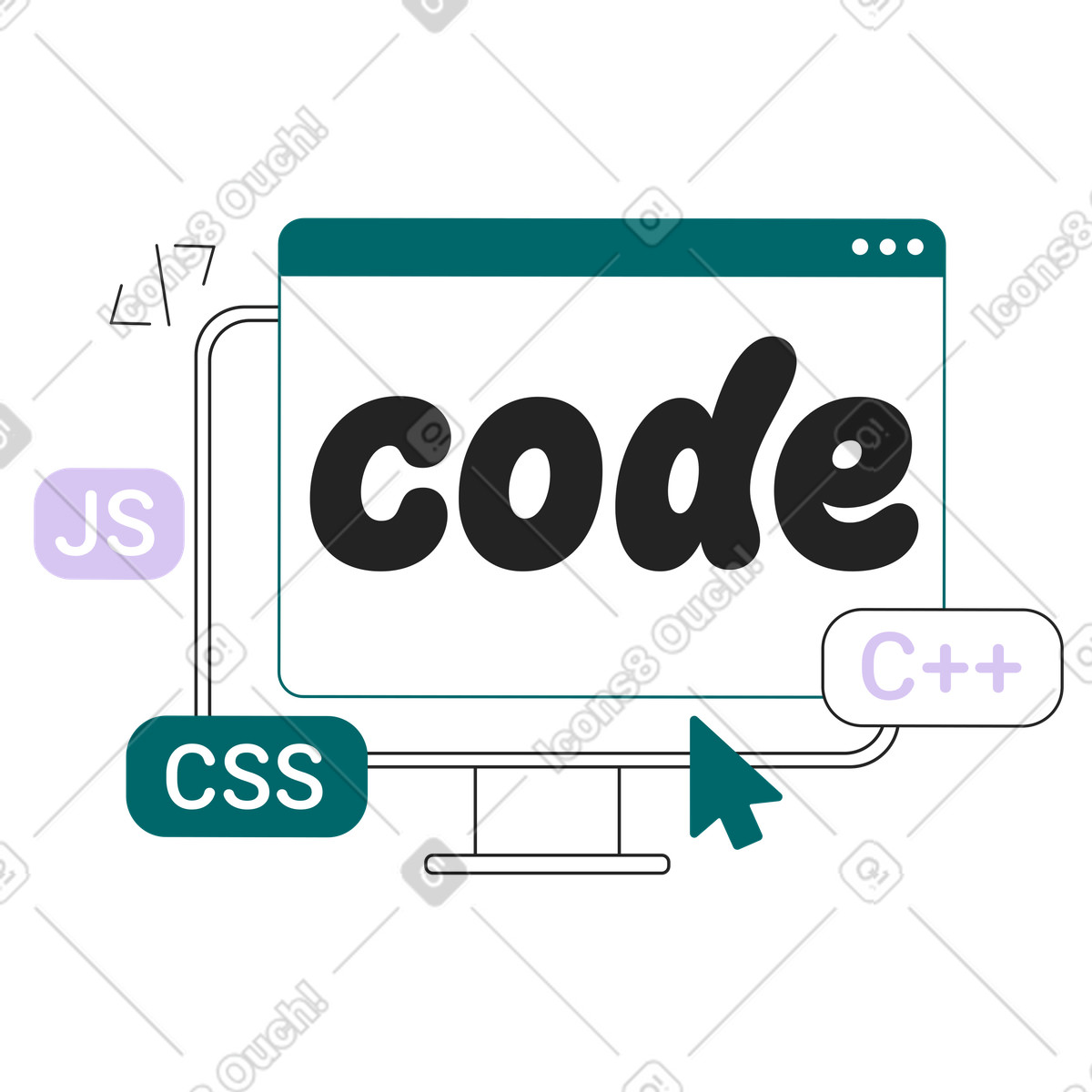 Monitor displaying code lettering and language badges, web development and programming illustration in PNG, SVG