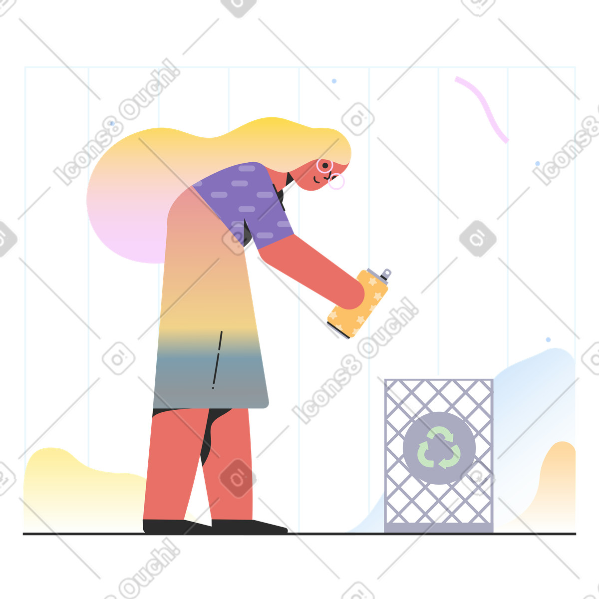 Ilustração de Mulher jogando lata em lixeira reciclagem no estilo Marginalia para baixar PNG, SVG