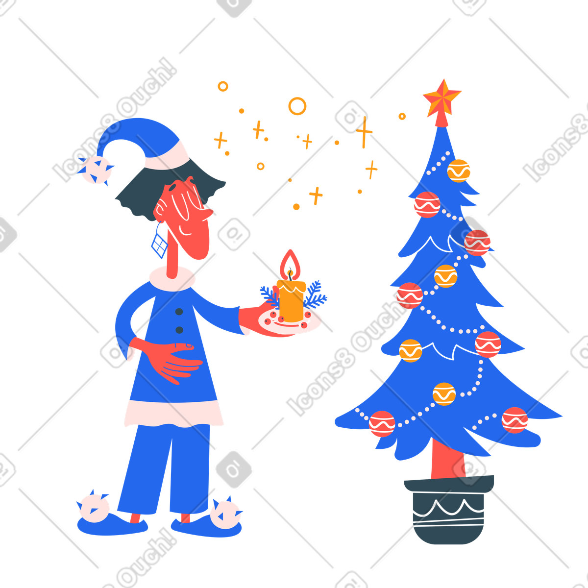 Kingdom 스타일의 Person in pajamas enjoying decorated christmas tree, holiday celebration at home 일러스트레이션 PNG, SVG 다운로드