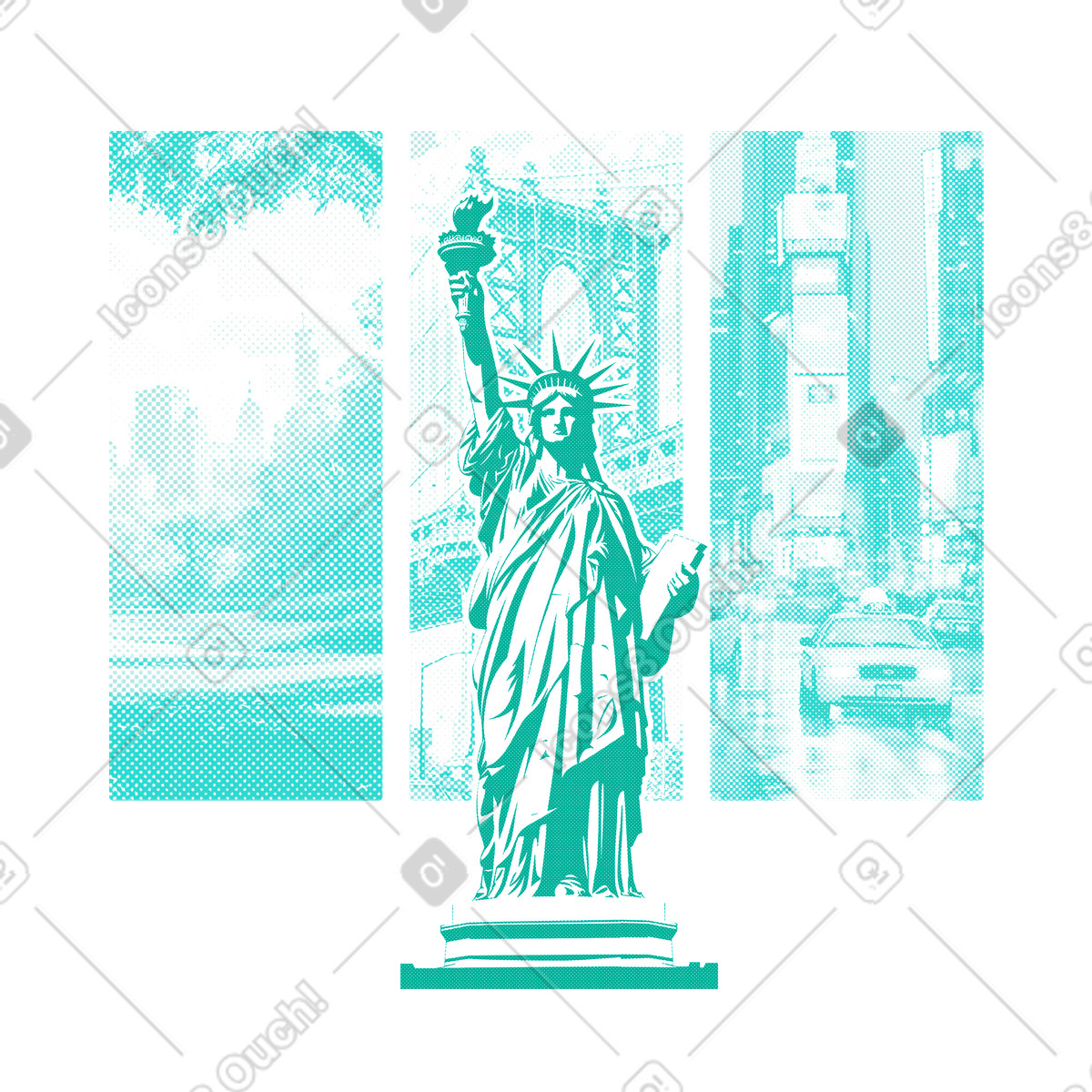 Statua della libertà e attrazioni di new york city illustrazione in stile Halftone scarica in PNG, SVG