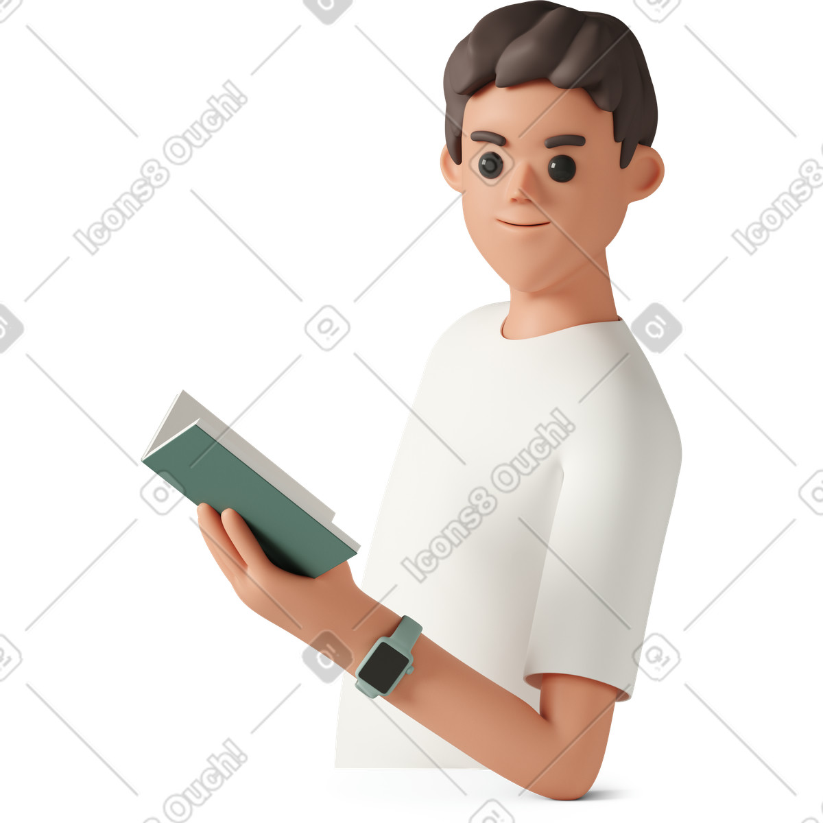 Side view of young man wearing smart watch and holding book-Illustration im 3D Casual life-Stil als Download in PNG, SVG