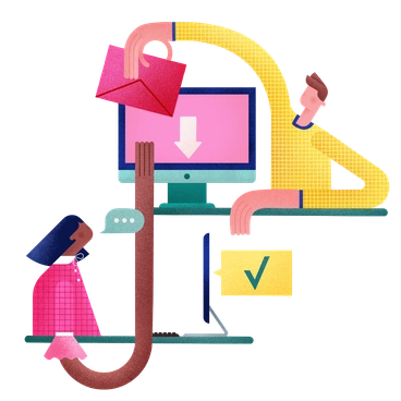 A person receiving an email at a computer - Willowy style illustration