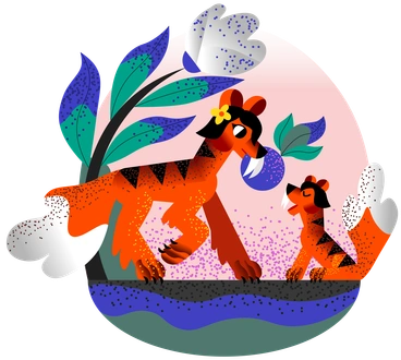 A tiger and her cub playing together - Fauna style illustration